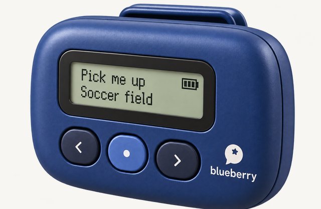 Concept rendering of the Blueberry pocket communicator: a small blue device with a two-line screen reading “Pick me up, Soccer field” and three buttons.